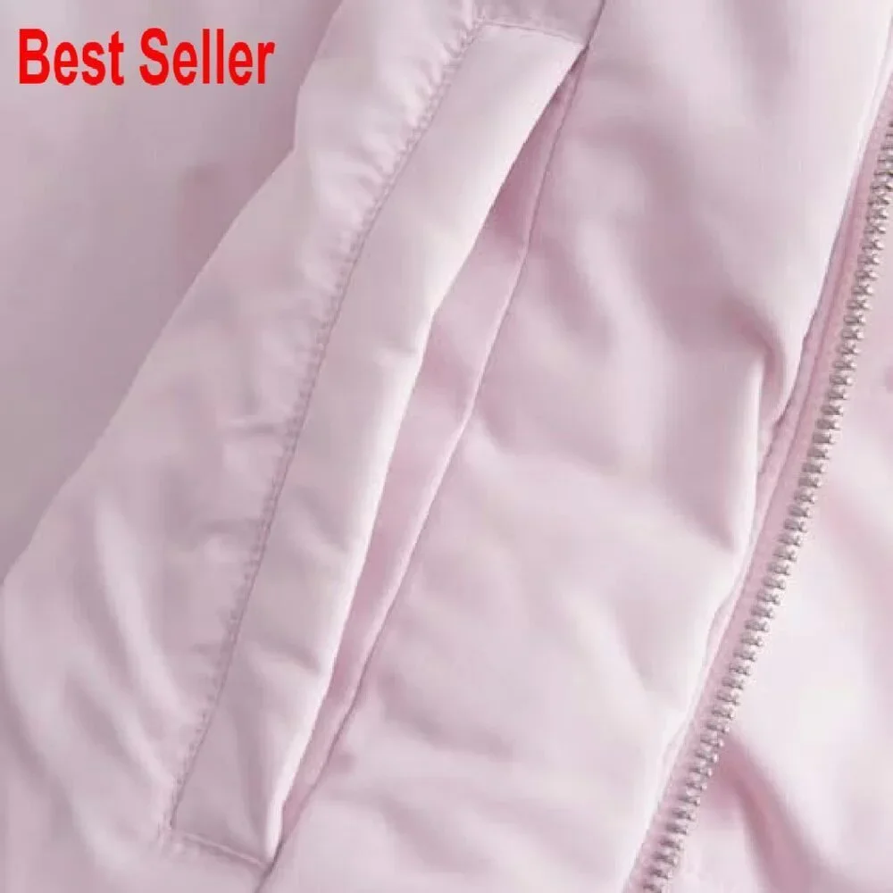 Faux Fur Trim Hooded Puffer Bomber Jacket Quilted Cropped Winter Warm